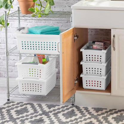Sterilite Medium Stacking Basket, Plastic Storage Bin to Organize Countertops, Shelves, Closets, Classroom, Bathroom, and Dorm, White with Gray Handles, 4-pack