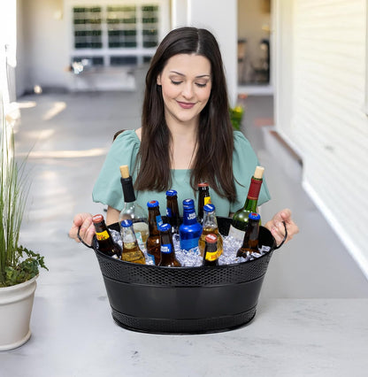 BREKX White Drink Cooler for Parties, Sealed Leak & Rust Resistant Galvanized Tub, Large Ice Bucket and Drink Bucket with Handles, 15 Quarts (4 Gallon), Oval Bucket with Easy to Clean Glossy Finish
