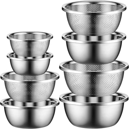 Uiifan 8 Pcs Stainless Steel Mixing Bowl with Stainless Steel Colander Rice Washing Colander Bowl Set Nesting Bowls for Washing Draining Storage(1.8/3.9/4.9/6.6 QT)