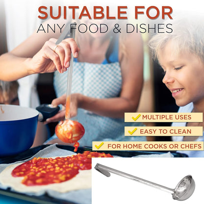 Fit Meal Prep [2 Pack] 2 oz Stainless Steel Soup Ladle, One-Piece Sauce Spatula with Hook Handles, Commercial Grade Serving Spoon, Kitchen Tool for Restaurant or Home Cooking, Mirror Finish, 12" Long