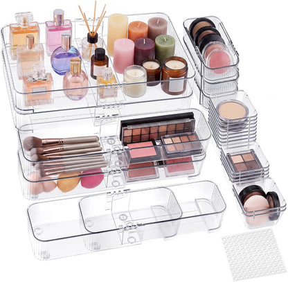 Aneco 14 Pieces Extendable Clear Drawer Organizer Adjustable Vanity Storage Box 4-Size Desk Drawer Divider Acrylic Storage Bins for Makeup, Cosmetic, Jewelries, Bedroom Kitchen Utensils Gadgets