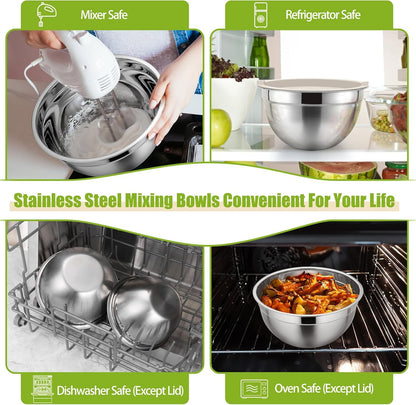 P&P CHEF Black Mixing Bowls with Lids, Set of 3, Stainless Steel Salad Nesting Bowl for Mixing, Storing, Prepping, Airtight & Stackable, Size 4.6/3 /1.5 QT