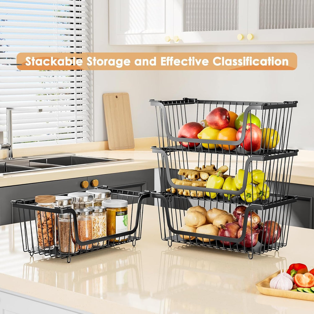 4 Pack Stackable Wire Baskets with Handles for Pantry Organizers and Storage, Fruit and Vegetable wire storage baskets, Potato and Onion Storage Bin, Metal Baskets for Organizing Snacks, Cans (White)
