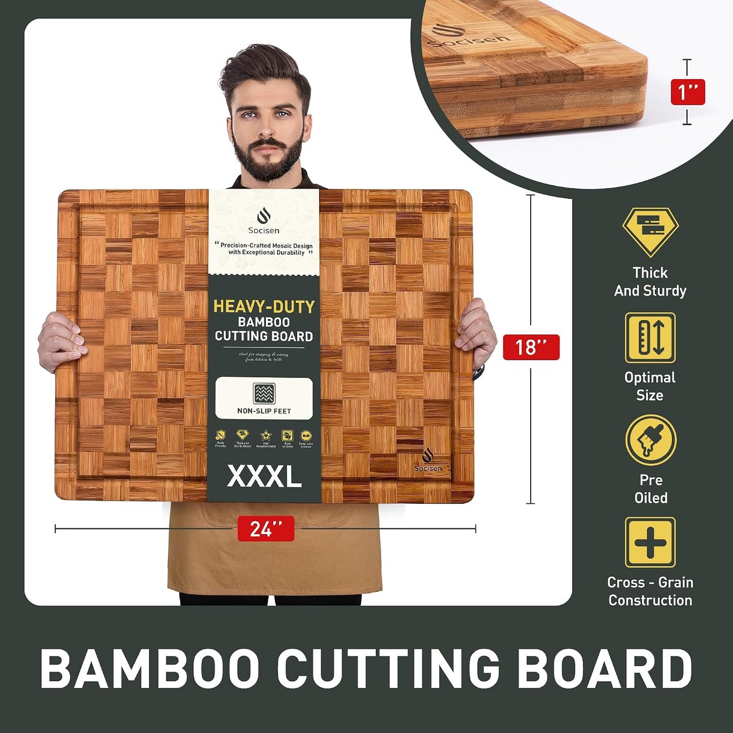 3 Pack Heavy Duty Bamboo Cutting Board Set Non Toxic Wooden Cutting Board for Kitchen Non Slip Solid End Grain Thick Wood Juice Groove Chopping Board Extra Large Butcher Block Best House Warming Gift