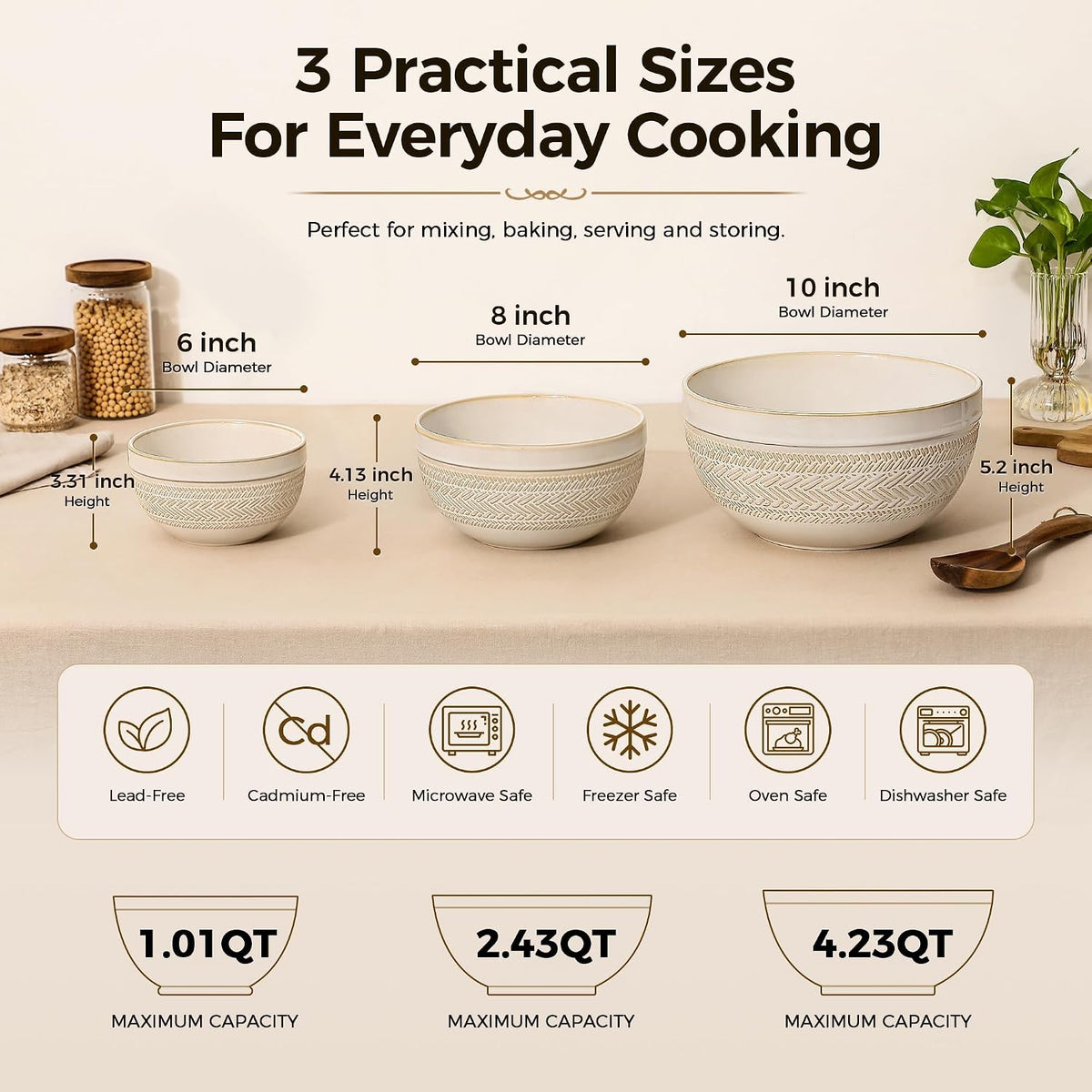 Ceramic Mixing Bowls Set of 3, Large Nesting Serving Bowls
