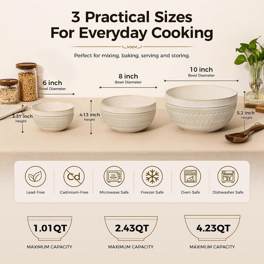 Ceramic Mixing Bowls Set of 3, Large Nesting Serving Bowls