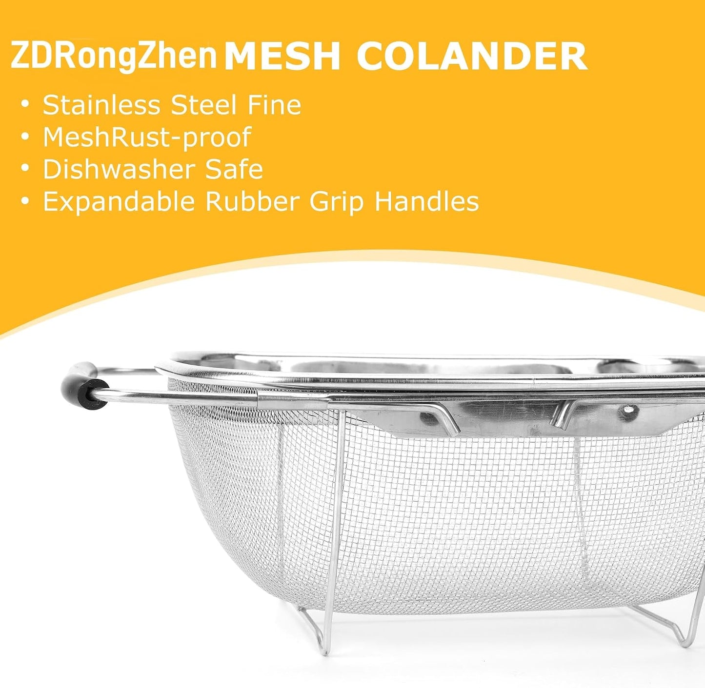 ZDRongZhen Kitchen Accessories Over the Sink Colander Strainer Basket，Stainless Steel Colander with Expandable Rubber Grip Sink Drainer-Rinse Vegetables Fruits &Strain&Drain (Large-Fine mesh)
