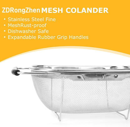 ZDRongZhen Kitchen Accessories Over the Sink Colander Strainer Basket，Stainless Steel Colander with Expandable Rubber Grip Sink Drainer-Rinse Vegetables Fruits &Strain&Drain (Large-Fine mesh)