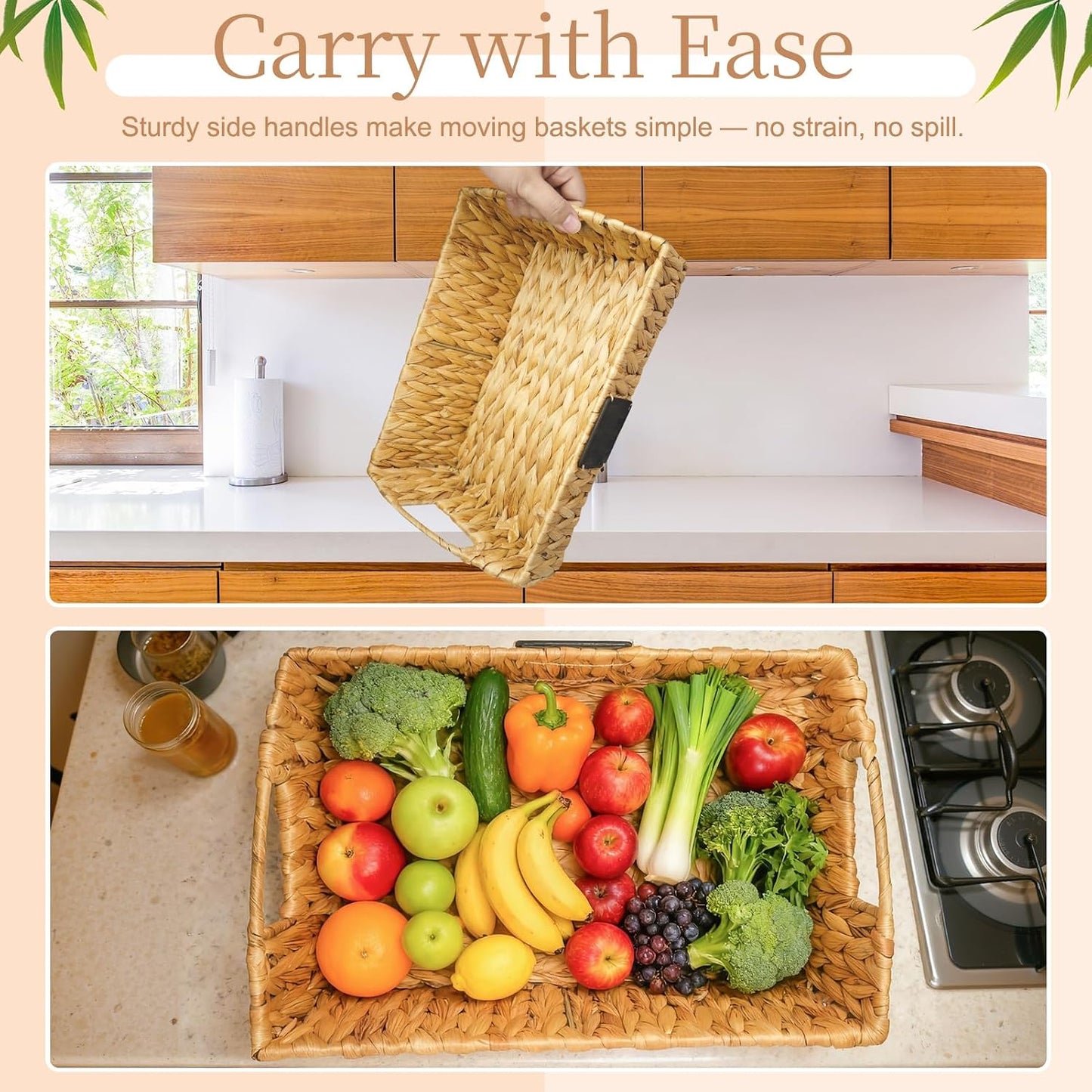 3 Pack Handwoven Water Hyacinth Storage Baskets with Handles & Chalkboard Labels, Wicker Bins for Pantry Kitchen Bathroom