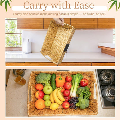 3 Pack Handwoven Water Hyacinth Storage Baskets with Handles & Chalkboard Labels, Wicker Bins for Pantry Kitchen Bathroom