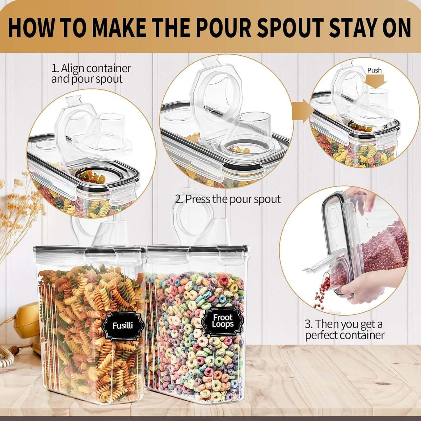 PRAKI Large Dry Food Storage Containers with Lids, 6PCS Airtight Cereal Containers Storage Set, Leak-proof Canister Set for Kitchen Pantry Organization with 20 Labels & Marker (4L Black)
