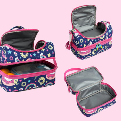 Insulated Kids Dual Compartment Lunch Bags Tote Pack for Girls Boys Toddler Kindergarten School Picnic Cooler Thermal Lunch Boxes with Strap (Green Rainbow)