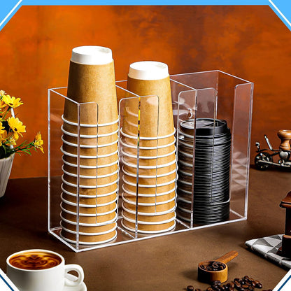 Cunhill 3 Compartments Acrylic Coffee Cup and Lid Dispenser Organizer Disposable Paper Cup Holder Plastic Coffee Shop Supplies Holder Storage for Station Restaurant Kitchen Countertop Bar Party(Clear)