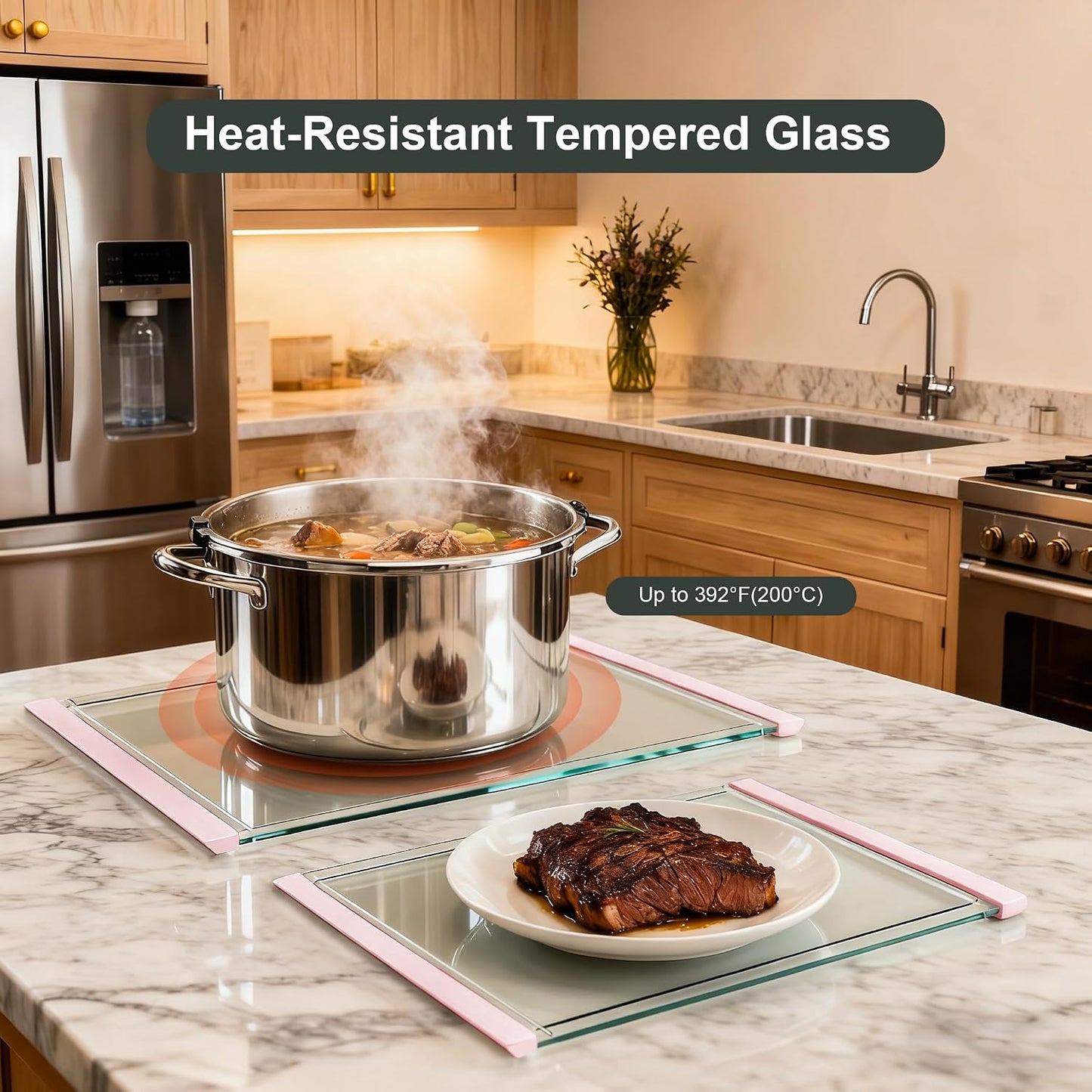 Tempered Glass Cutting Board Set for Kitchen Counter - Dishwasher Safe with Juice Grooves, Non-Slip Silicone Edges & Beveled Grip - 16"x12" & 12"x8" Serving Tray (Blue)