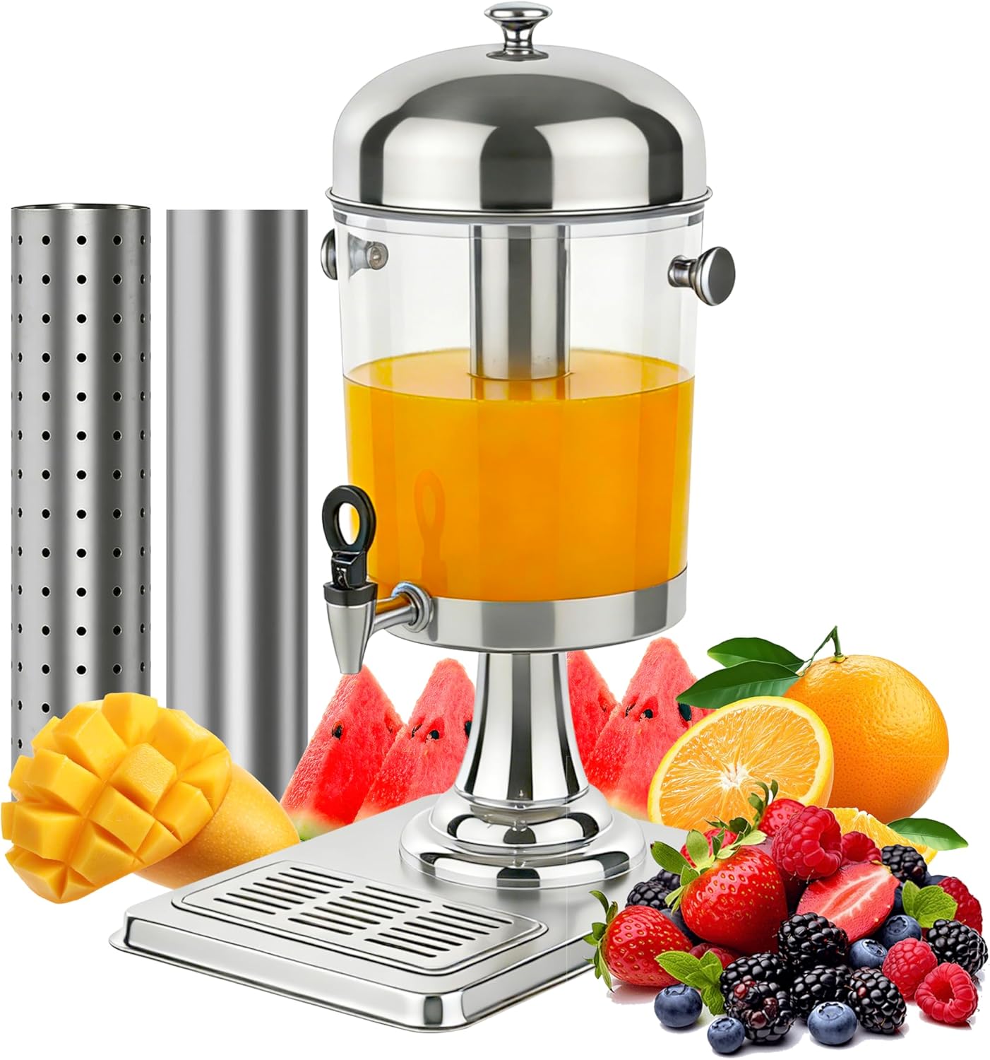 Beverage Dispenser with Stand, 3 Gallon Drink Dispenser for Parties,Events,Buffet &Self-Serve,Dual Ice Tube Core Fruit Infuser,Leakproof Spigot,Clear PC Container, Stainless Steel Lid&Base