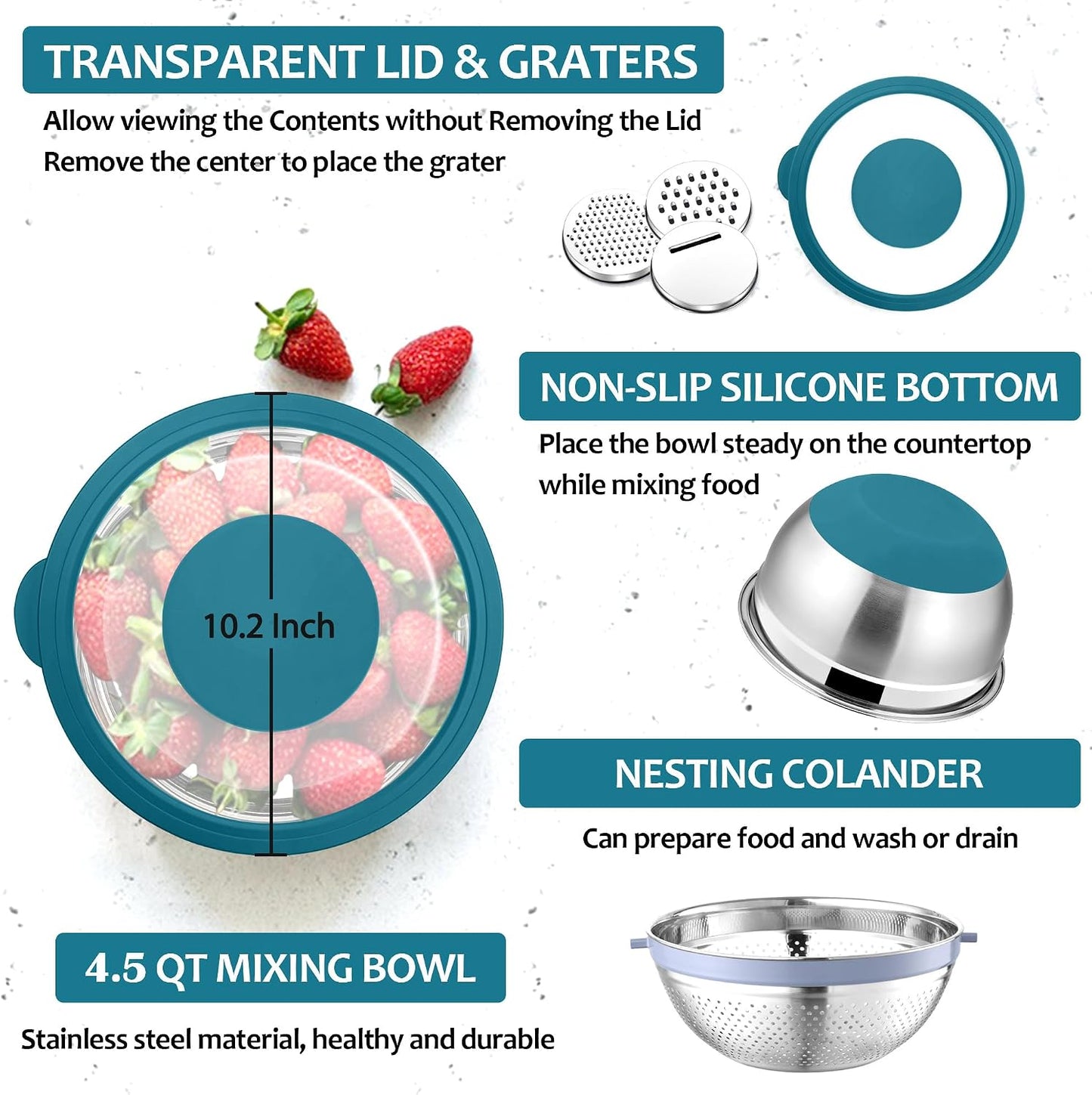 E-far Colander with Mixing Bowl Set, 4-1 Stainless Steel Colander Strainers Bowl with Graters for Kitchen, Rotatable Food Strainer Bowl for Rinsing Fruits Vegetables/Draining Pasta - Black