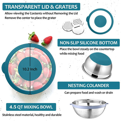 E-far Colander with Mixing Bowl Set, 4-1 Stainless Steel Colander Strainers Bowl with Graters for Kitchen, Rotatable Food Strainer Bowl for Rinsing Fruits Vegetables/Draining Pasta - Black