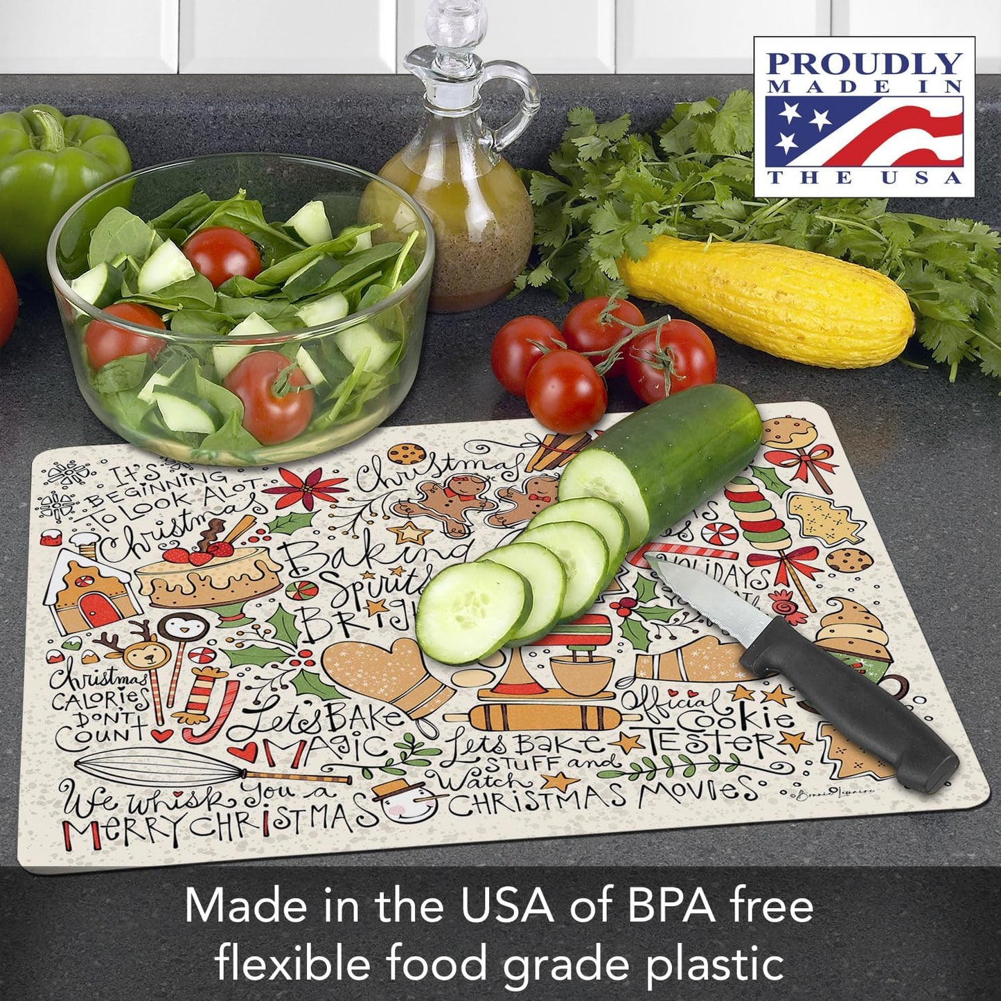Cut N' Funnel Eat Fresh Designer Flexible Cutting Board Mat 15" x 11.5" Made in the USA Decorative Flexible Easy to Clean