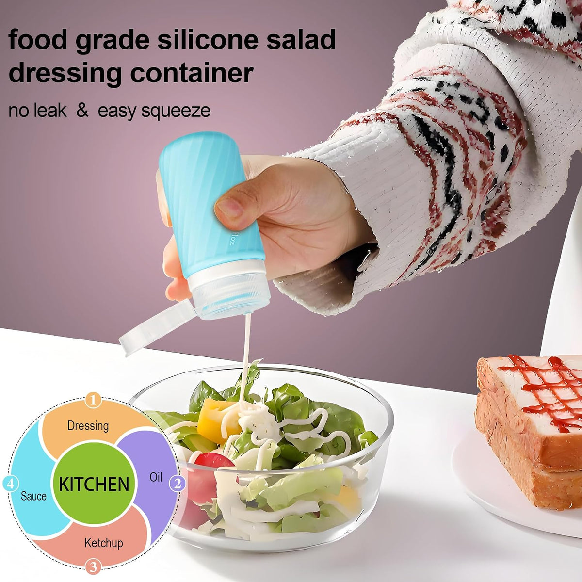 5Pcs Condiment Squeeze Bottles, 2 OZ Salad Dressing Container To Go, BPA-Free Dressing Bottle (with Cleaning Brush & Spice Labels), Leakproof Sauce Containers for Lunch Box, Travel Size Squeeze Bottle