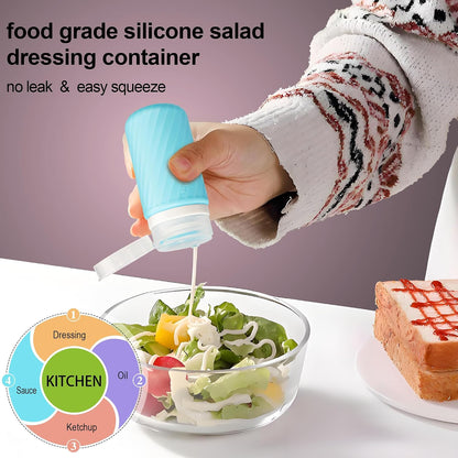 5Pcs Condiment Squeeze Bottles, 2 OZ Salad Dressing Container To Go, BPA-Free Dressing Bottle (with Cleaning Brush & Spice Labels), Leakproof Sauce Containers for Lunch Box, Travel Size Squeeze Bottle