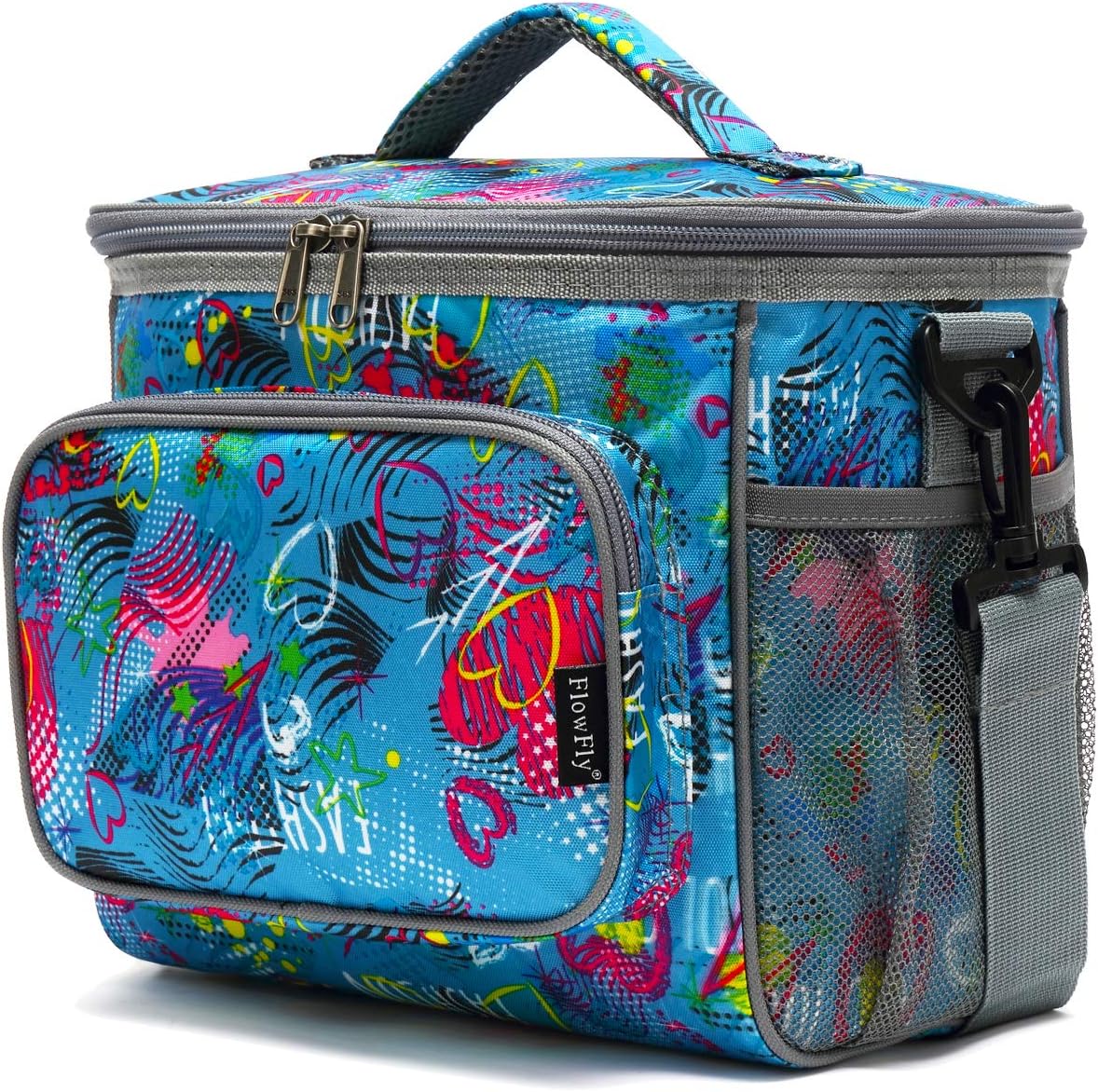 FlowFly Insulated Reusable Lunch Bag Adult Large Lunch Box for Women and Men with Adjustable Shoulder Strap,Front Zipper Pocket and Dual Large Mesh Side Pockets,Cherry - Colors B