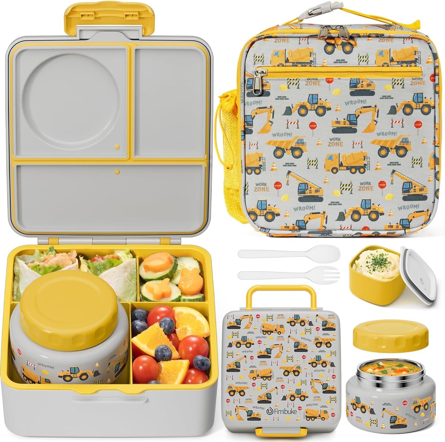 Fimibuke Bento lunch Box Set for Kids Adult with 8oz Insulated Food Jar, Lunch Bag & Sauce Cup, Leakproof Dishwasher Safe Toddler Lunch Food Container with 3-4 Compartment for School Girls Boys