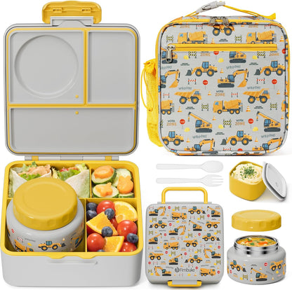 Fimibuke Bento lunch Box Set for Kids Adult with 8oz Insulated Food Jar, Lunch Bag & Sauce Cup, Leakproof Dishwasher Safe Toddler Lunch Food Container with 3-4 Compartment for School Girls Boys