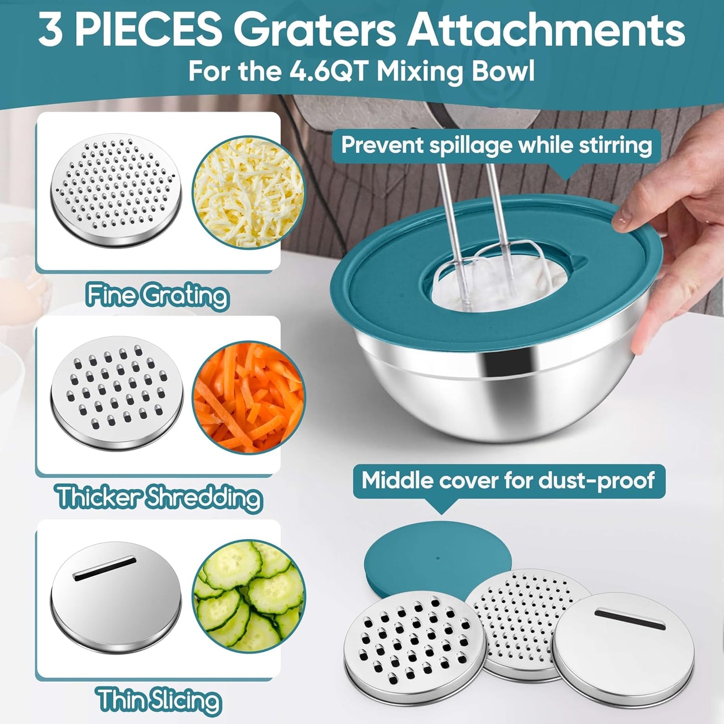 Herogo 5-Piece Mixing Bowls with Airtight Lids, 3 Grater Attachments, Stainless Steel Salad Serving Bowls for Kitchen, Size 4.6, 3.5, 2.5, 2, 1.5QT Ideal for Prepping & Cooking, Black