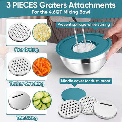 Herogo 5-Piece Mixing Bowls with Airtight Lids, 3 Grater Attachments, Stainless Steel Salad Serving Bowls for Kitchen, Size 4.6, 3.5, 2.5, 2, 1.5QT Ideal for Prepping & Cooking, Black