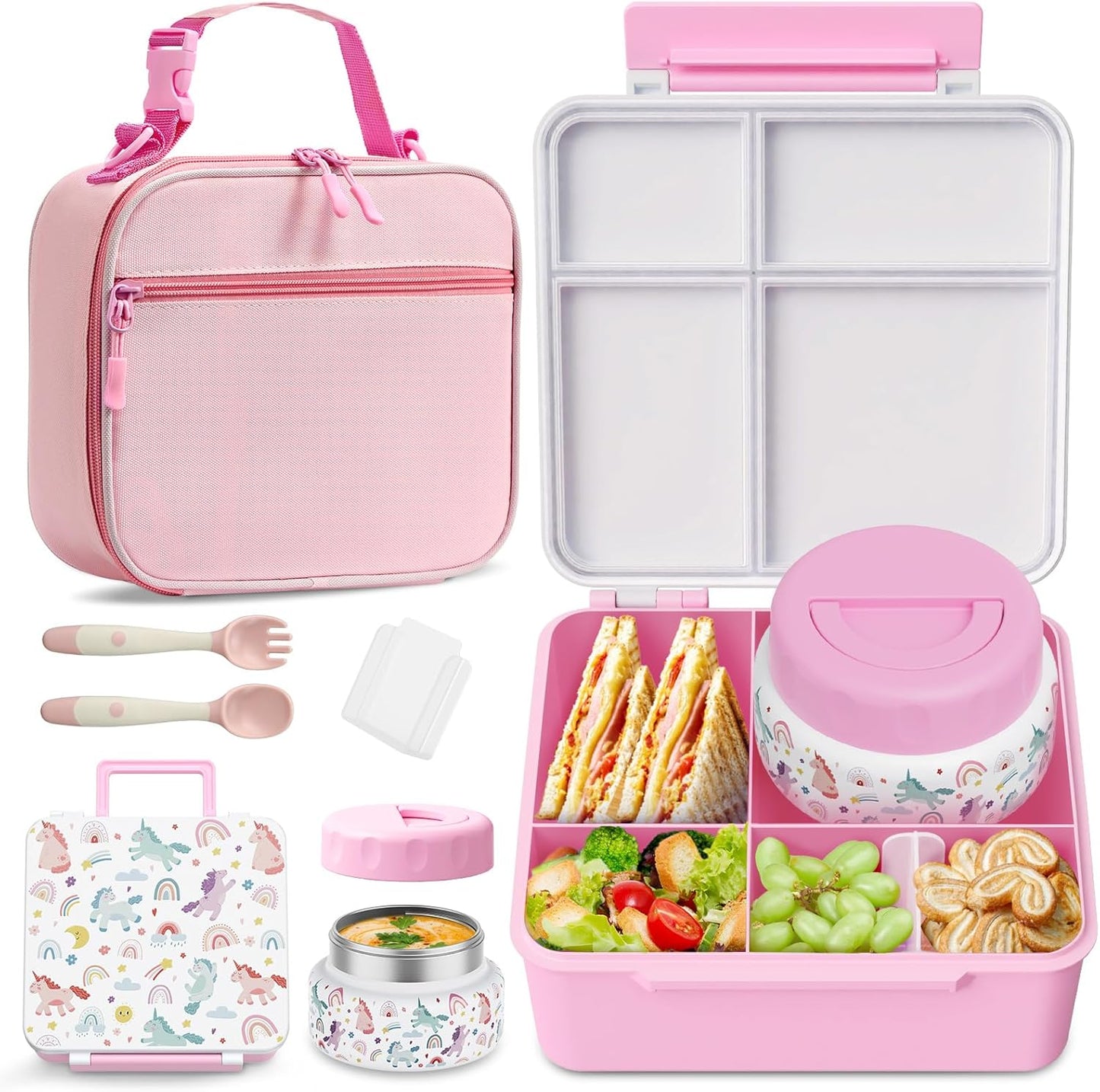 Bento Box for Kids with Thermo Food Container (9oz), 4-Compartment Lunch Box, Adjustable Divider, Leakproof Bento Lunch Box, Includes Utensils & Carry Bag for School, Office(Blue)