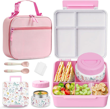 Bento Box for Kids with Thermo Food Container (9oz), 4-Compartment Lunch Box, Adjustable Divider, Leakproof Bento Lunch Box, Includes Utensils & Carry Bag for School, Office(Blue)