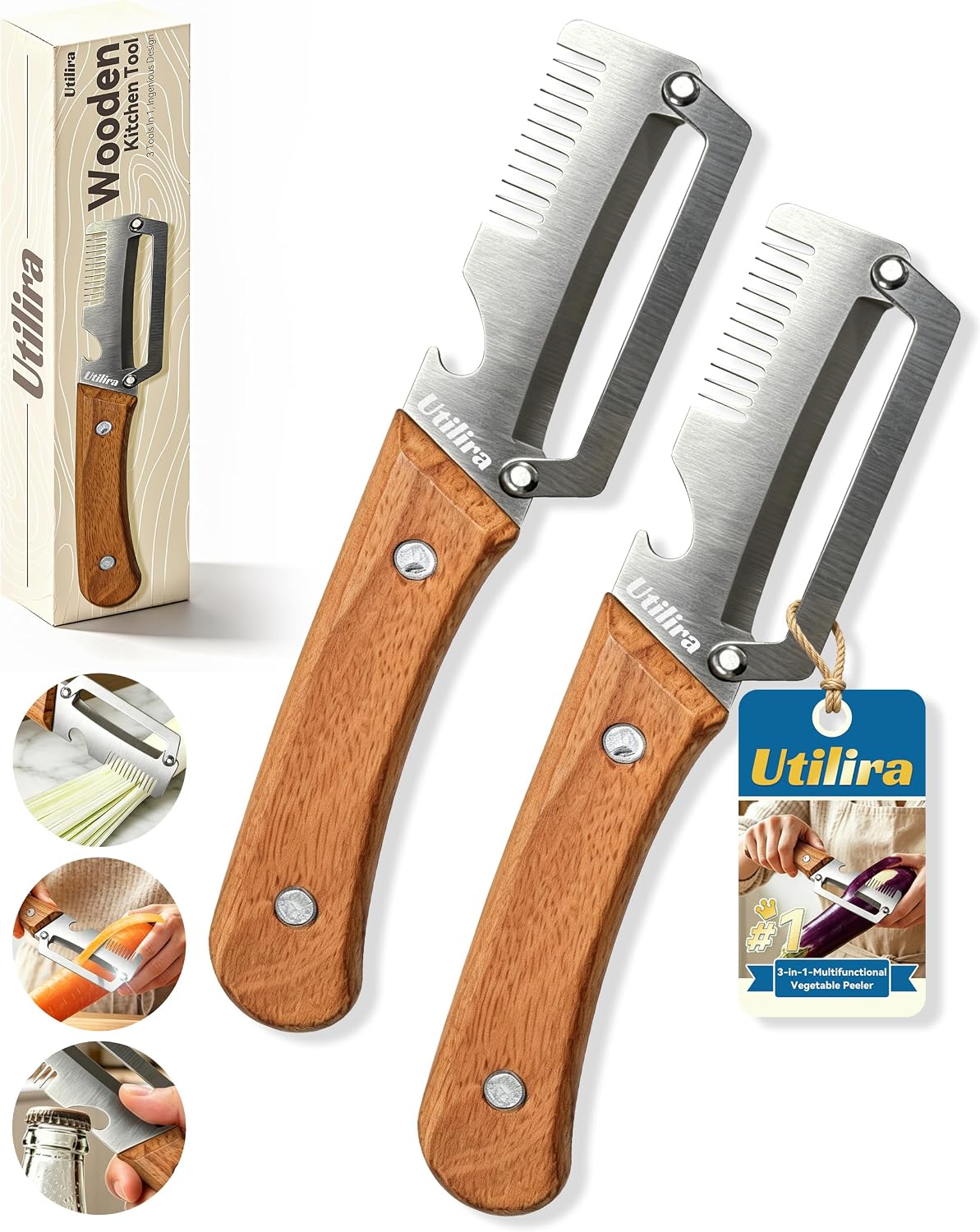 Shredder - 3-in-1 Multifunctional Vegetable Peeler with Bottle Opener & Julienne Shredder, Wide Stainless Steel Blade and Non-slip Wooden Handle, Peeler Knife for Fruits, Vegetables (1pcs)