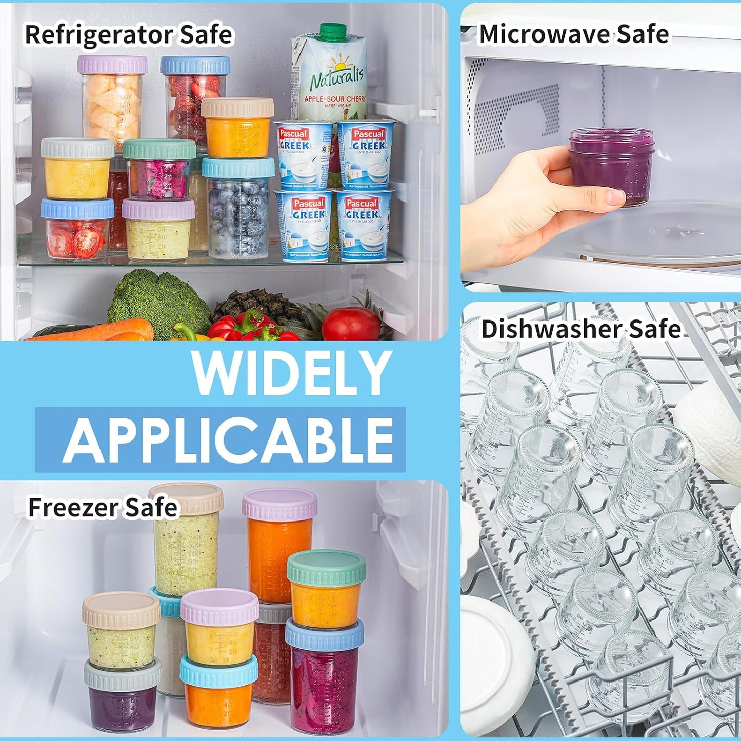 DRKIO 6 Pack Glass Baby Food Storage Containers - 4 Oz Baby Food Jars with Lids Baby Food Maker Microwave Dishwasher Freezer Safe 100% Leak Proof BPA Free Reusable