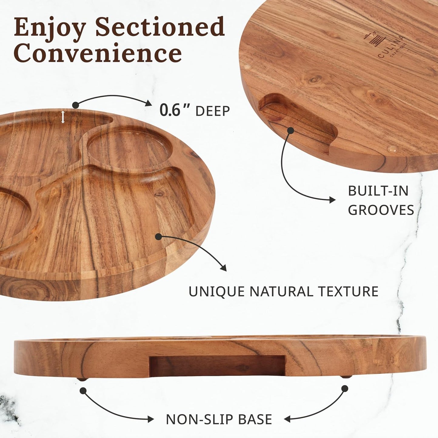 Chip and Dip Serving Platter — w/ 2 Ceramic Bowl — 12.2" Large Divided Serving Tray With Handles For Nachos & Salsa, Snack, Veggie, Fruit, Dessert — Wooden Hosting Essentials For Home