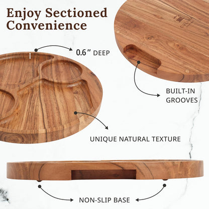 Chip and Dip Serving Platter — w/ 2 Ceramic Bowl — 12.2" Large Divided Serving Tray With Handles For Nachos & Salsa, Snack, Veggie, Fruit, Dessert — Wooden Hosting Essentials For Home