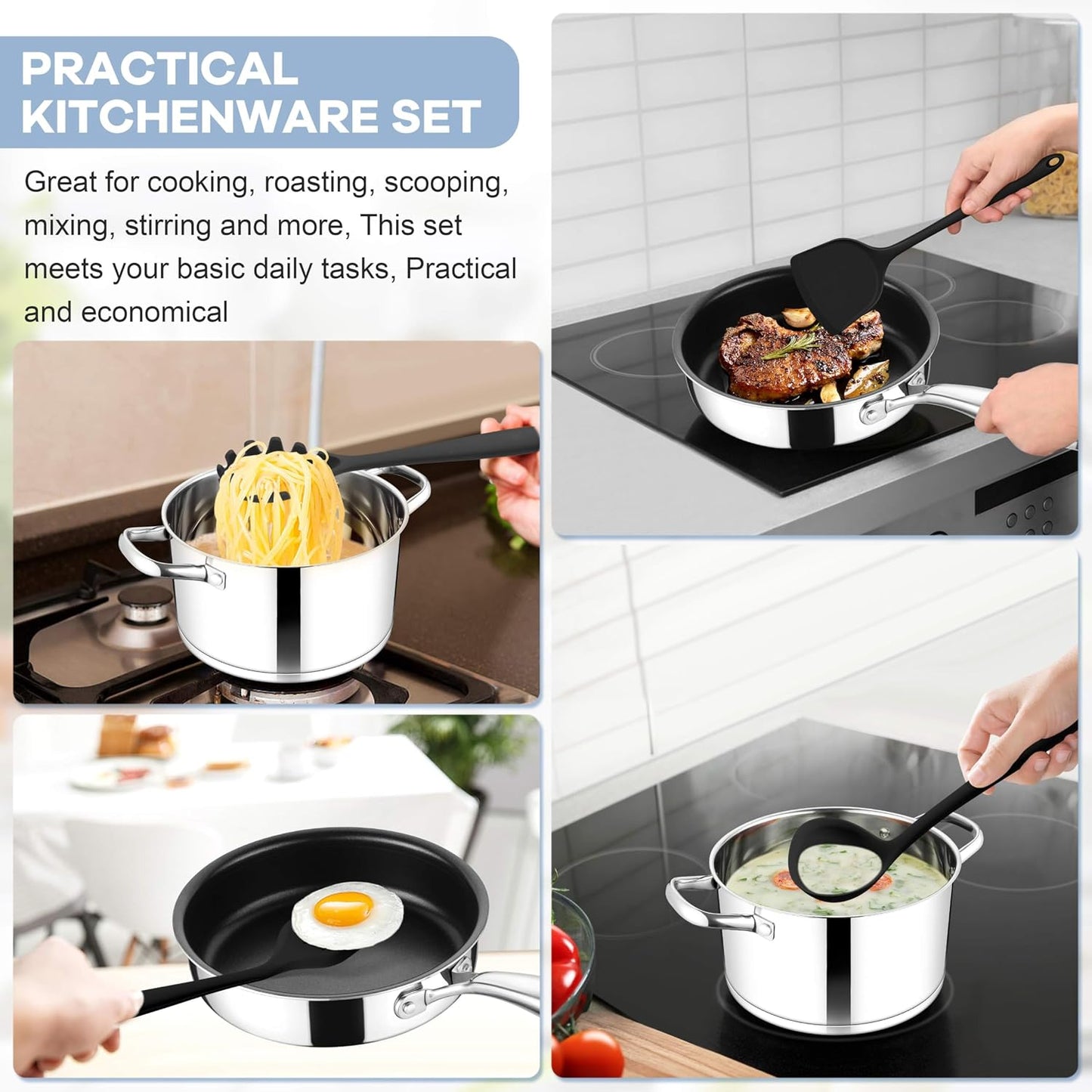 TeamFar Silicone Cooking Utensils Set, 8 PCS Kitchen Utensils Set, 446°F Heat Resistant, Turner, Spatula, Spoon, Whisk, Kitchen Cooking Gadgets Tools for Nonstick Cookware, Dishwasher Safe-Khaki