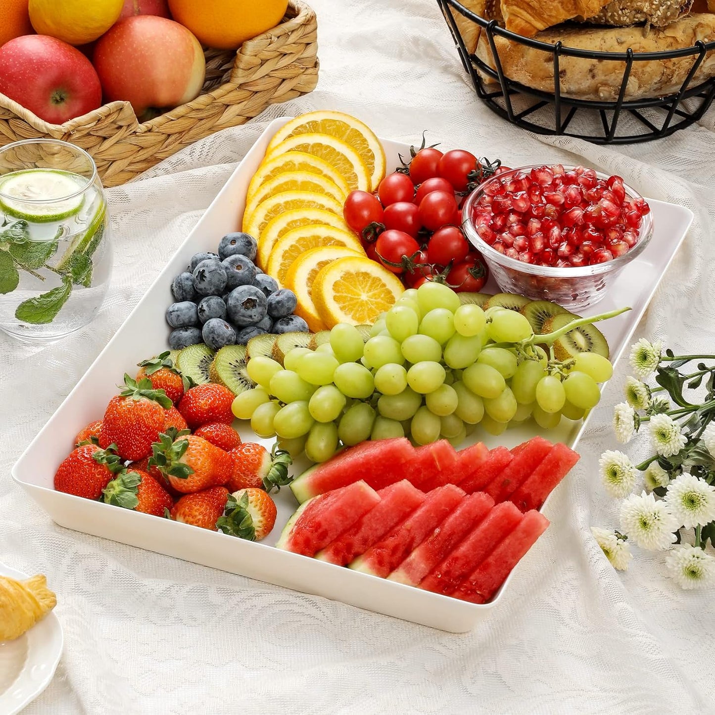 8 Pack, 16" x 11" Large White Serving Trays Set - Reusable Plastic Serving Platters for Cookie, Appetizer, Charcuterie, Snack, Dessert, Party Food Display - Stackable Kitchen CounterTop Tray, BPA Free