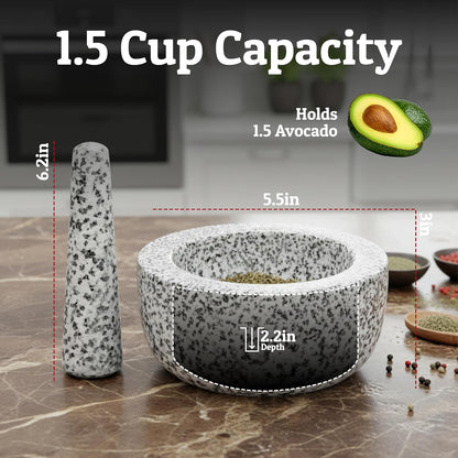 Priority Chef Heavy Duty Large 1.5 Cup Mortar and Pestle Set, 100% Natural Granite, 5.5 Inch Diameter Bowl, 6.2 Inch Pestle, Non-Slip Base, Stone Grinder for Guacamole Salsa Pesto Herbs Spices, Black