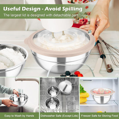 TeamFar Mixing Bowls, Stainless Steel Nesting Salad Bowls with Lids Set of 3 & 3 Grater Attachments, For Mixing/Serving/Storing, Non-toxic & Long-lasting, Size 4.6/3 / 1.5 QT, Black