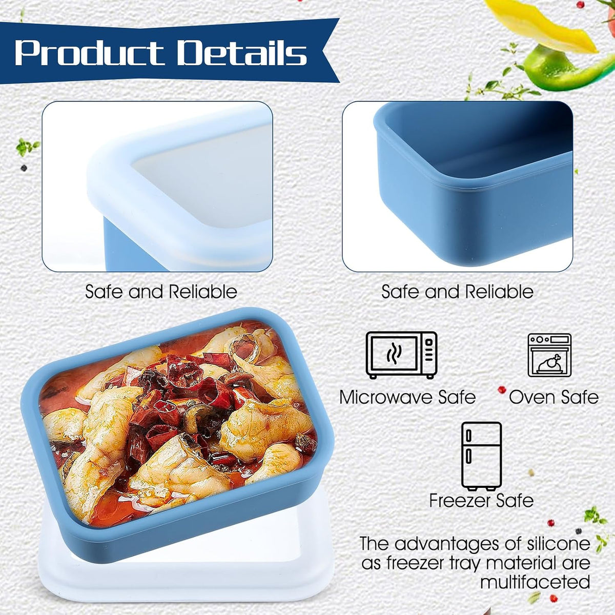 Lemecima 8 Pcs 1 Cup Silicone Freezer Trays with Lid - Rectangle Soup Freezer Containers - Reusable Food Preserving Tray - Freezing Ice Trays for Soups Sauces Stews (Sage Green, Dark Blue)