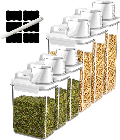 Air Tight Cereal Container Organizer Set of 6 - 1800ML & 2300ML Total 417oz, Dry Food Storage for Pet Food, Rice, Oatmeal with Pour Spout Lid and Plastic Small Measuring Cup for Flour and Sugar