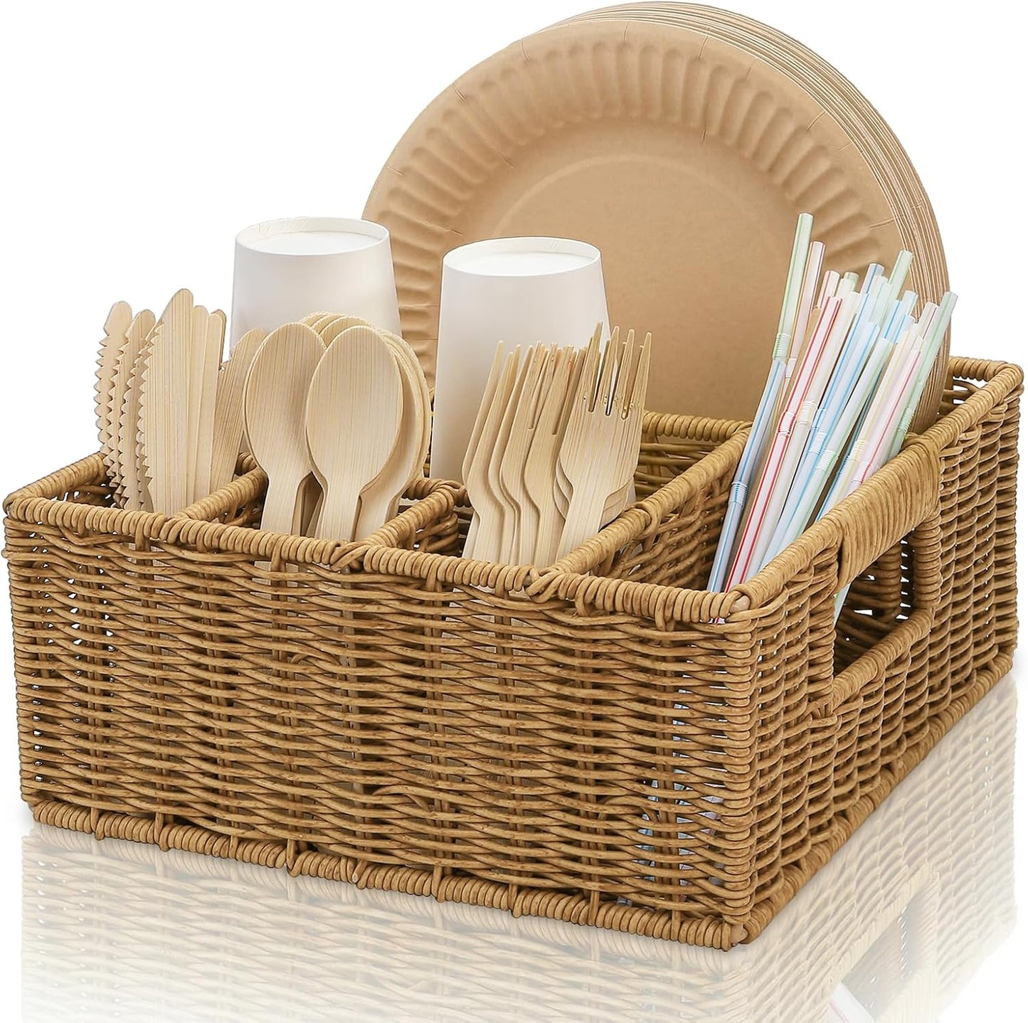 Wicker Utensil Caddy Basket with 6 Compartment, Hand-Woven | Cutlery Silverware Holder with Handle, Picnic Basket, Paper Plate Organizer for Party Camping Buffet