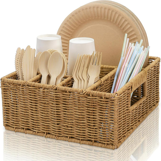 Wicker Utensil Caddy Basket with 6 Compartment, Hand-Woven | Cutlery Silverware Holder with Handle, Picnic Basket, Paper Plate Organizer for Party Camping Buffet