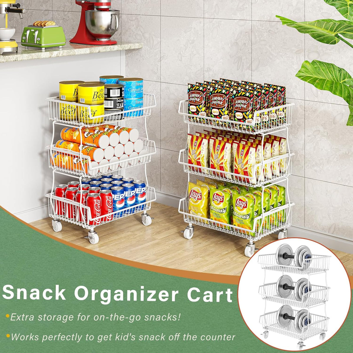 OKZEST 3-Tier Rolling Pantry Floor Organizer and Storage Cart with Wheels, Stackable Wire Pantry Baskets for Pantry Shelves, Kitchen Storage Rack and Fruit Basket Stand for Fruit Snack Onion Potato