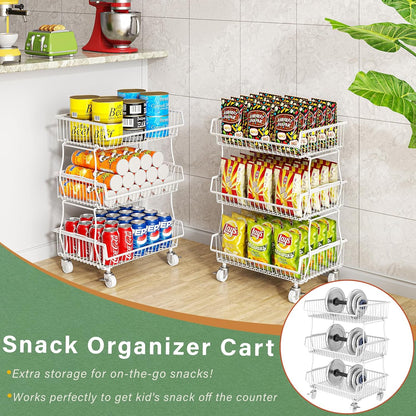 OKZEST 3-Tier Rolling Pantry Floor Organizer and Storage Cart with Wheels, Stackable Wire Pantry Baskets for Pantry Shelves, Kitchen Storage Rack and Fruit Basket Stand for Fruit Snack Onion Potato