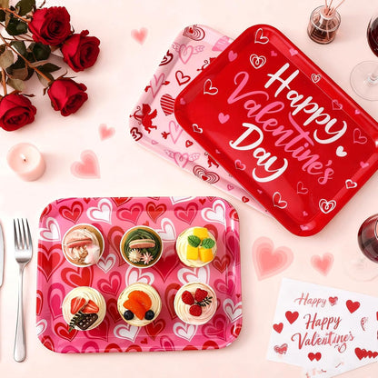 Rtteri 3 Pcs 13 x 10 Inch Valentine's Day Serving Trays Large Plastic Valentine Platters Reusable Serving Dishes Rectangle Pink Heart Candy Snack Food Tray for Valentines Day Wedding Party Table Decor
