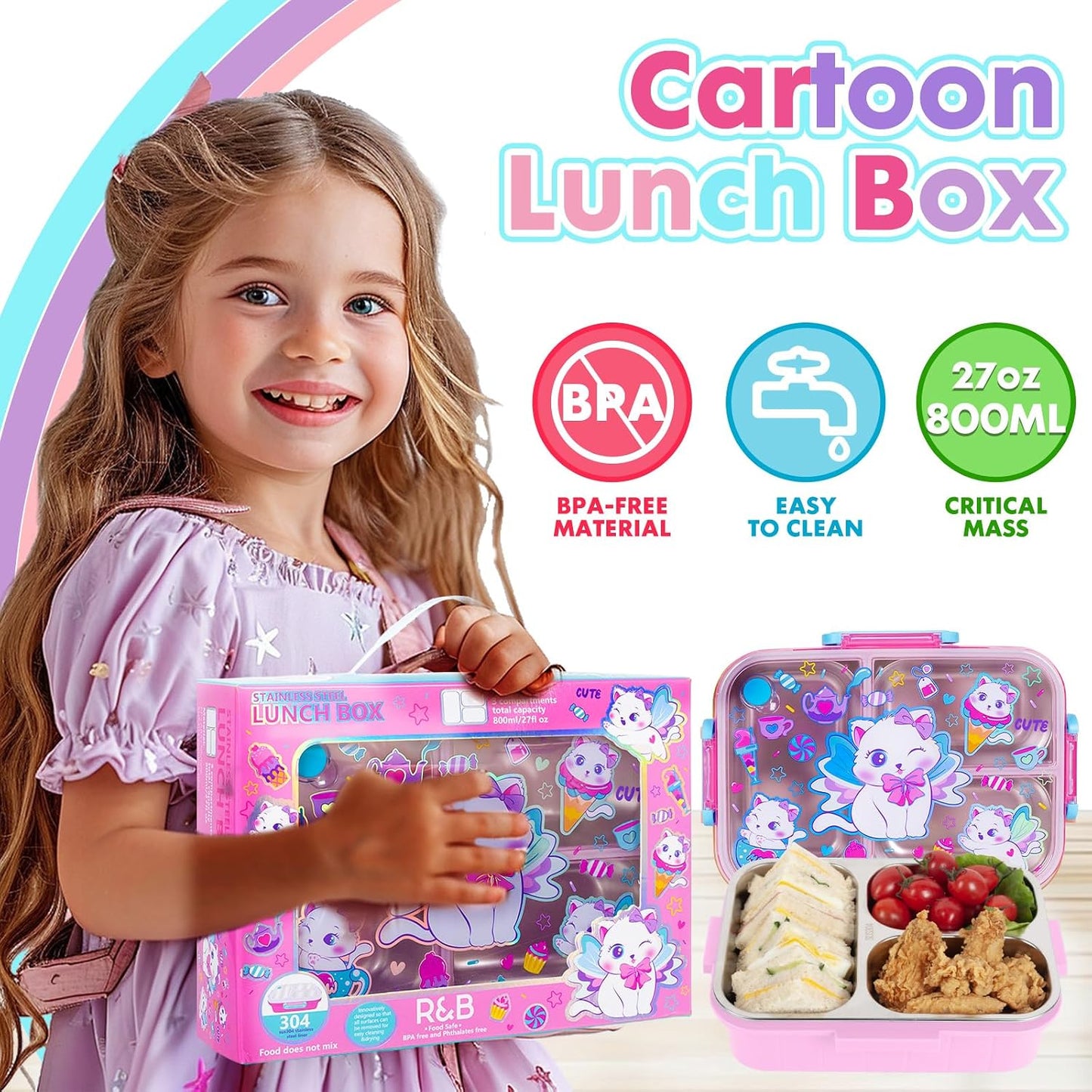 Stainless Steel Bento Lunch Box for Kids, 800ml/27oz BPA-Free Leak-Proof Food Containers with 3 Compartments, Freezer & Dishwasher Safe, Back to School Students Lunches Size for Ages 3-7