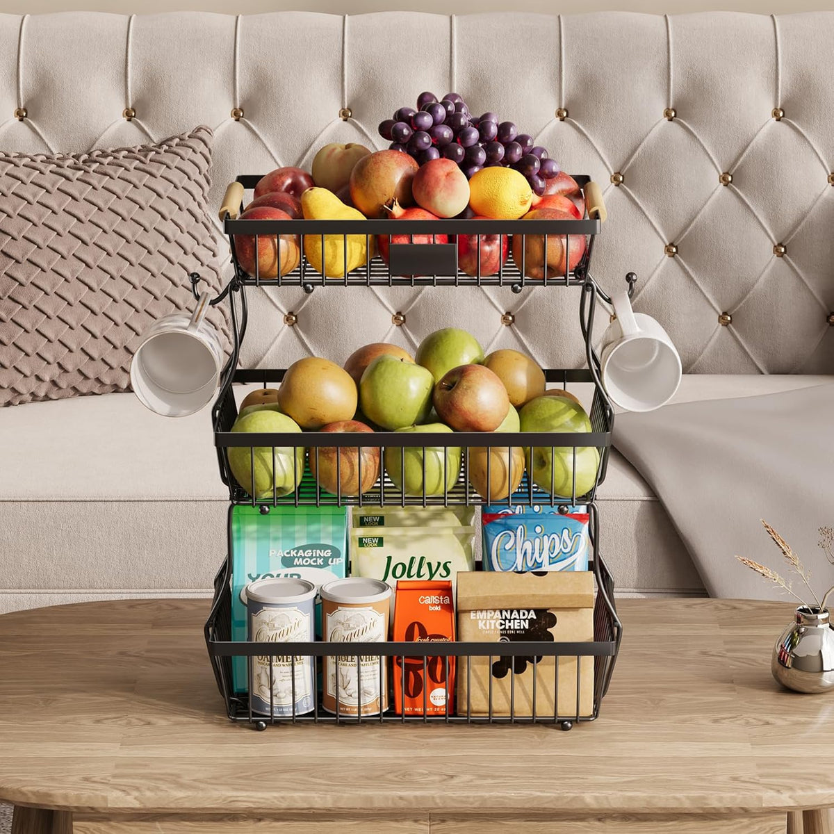 2 Tier Fruit Basket for Kitchen Counter with 2 Banana Hangers, Countertop Metal Bread Basket with Wooden Handle, Large Storage Stand for Vegetables, Snacks, Eggs, Produce Storage – Black