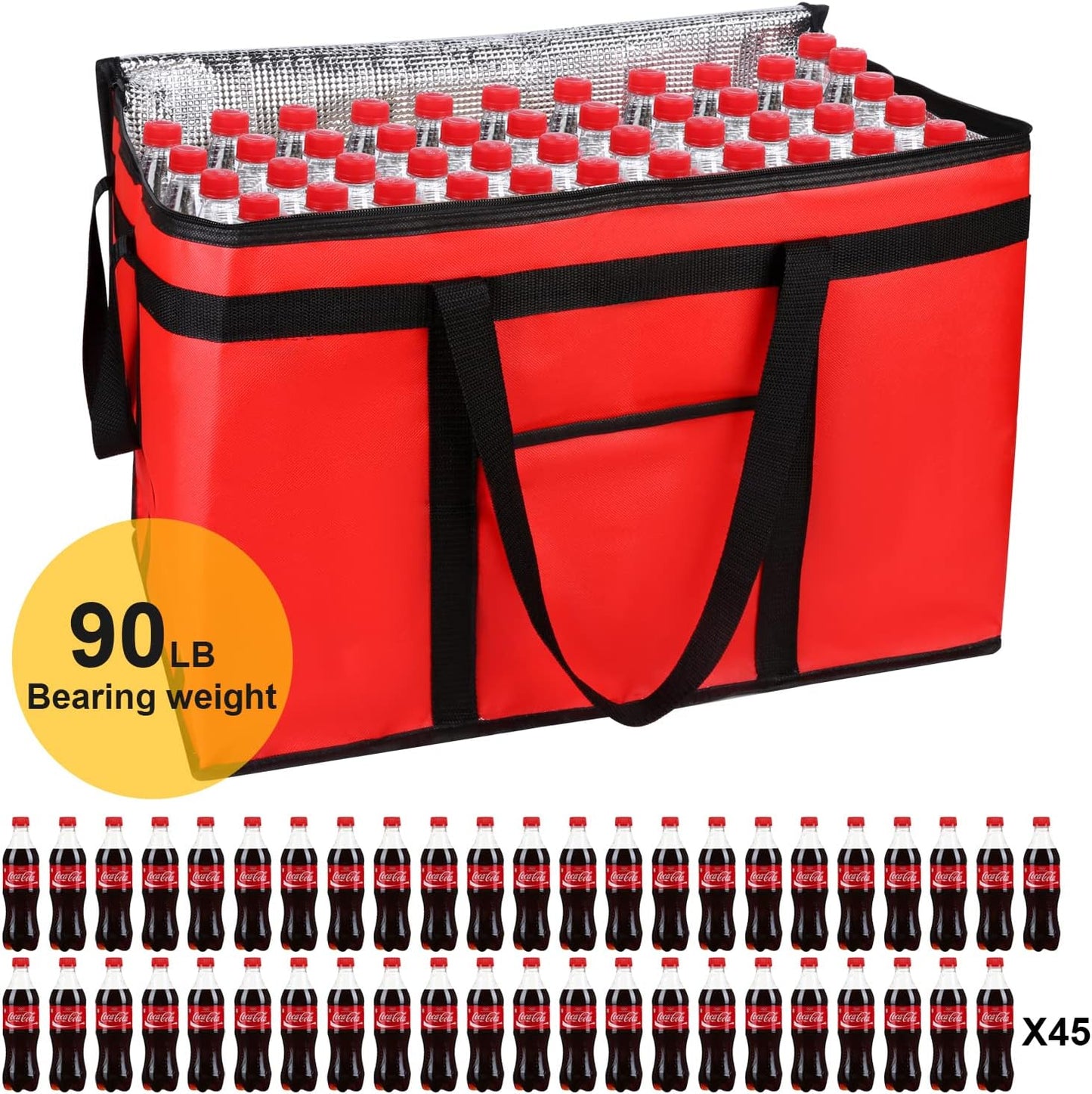 musbus Extra large XXXL Insulated Food Delivery Bag Cooler Bags Keep Food Warm Catering Therma Catering Bag for doordash 22x14x13 Cooler Bags Therma Shopper hot warming RED Pizza BLACK