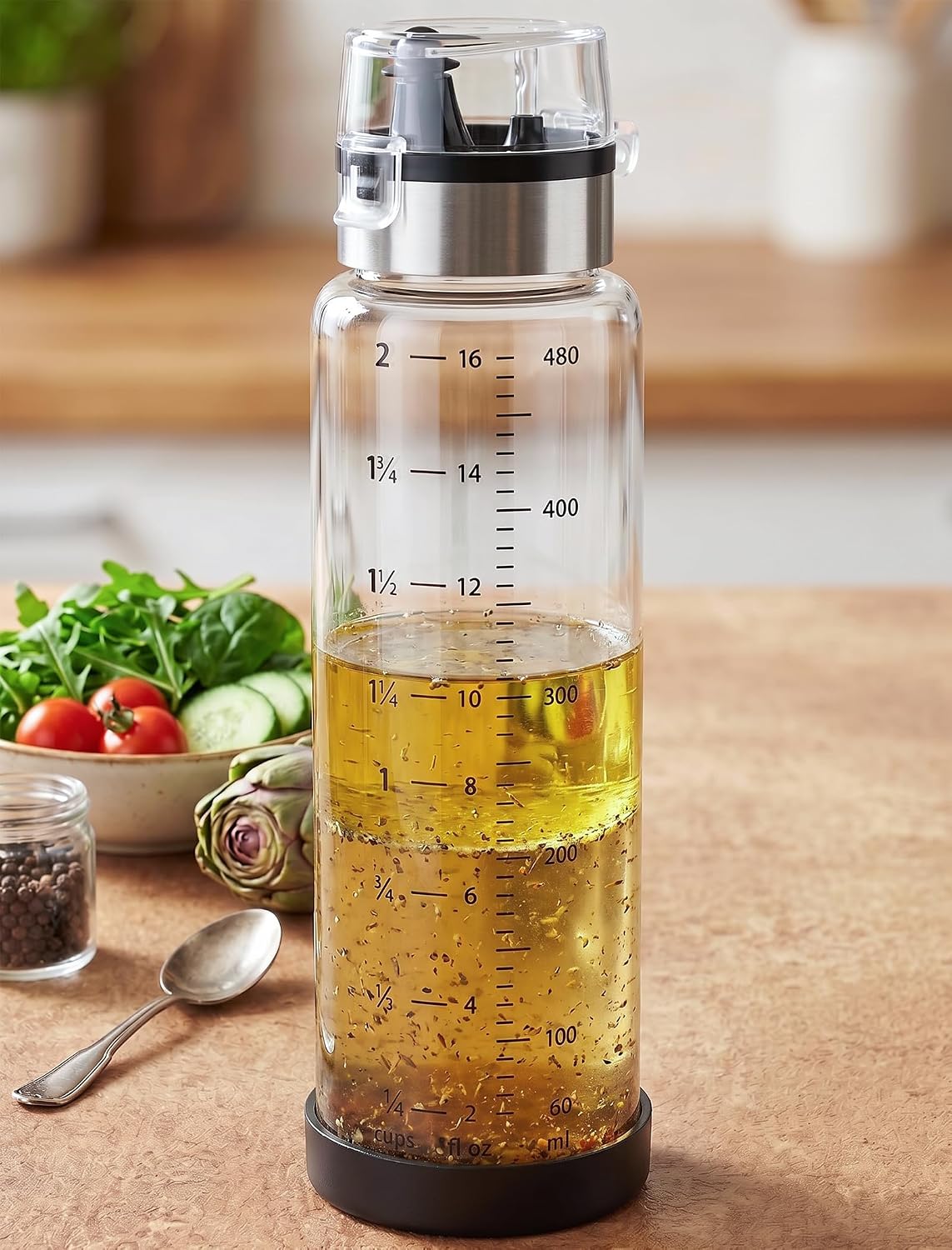 NiHome Glass Salad Dressing Shaker Bottle 16oz with Mixing Ball, Black